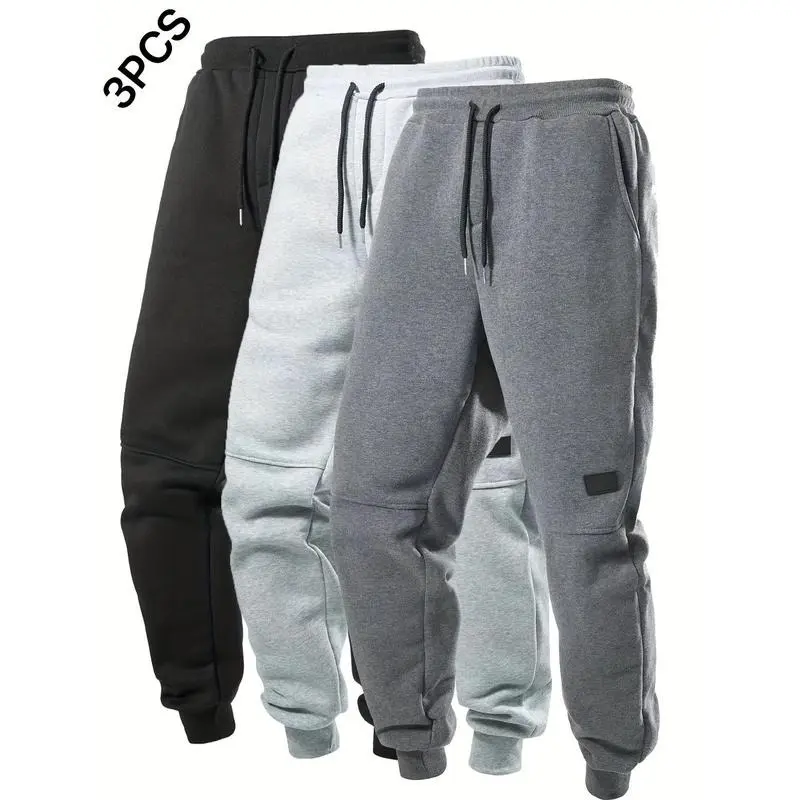 3pcs Men's Casual Solid Color Joggers, Men's Drawstring Pants With Pockets For Sport And Casual Wear 0