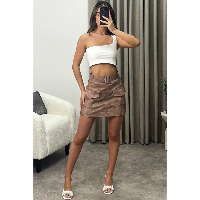 Dina Beige Tie Dye Belted High Waisted Cargo Skort 4