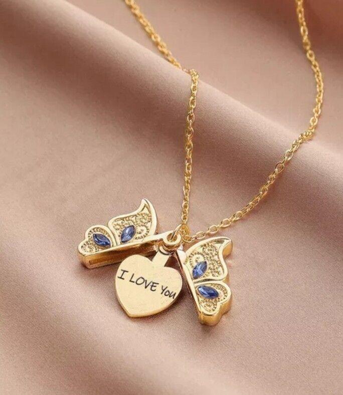 Crystal Fashion Women's Butterfly Pendant Necklace With I Love You Heart Shaped Engraved Locket Birthday Christmas Valentines Gift for Girlfriend Sister Mum Ladies 4
