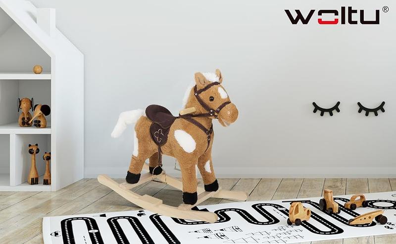 Product Introduction of WOLTU Baby Rocking Horse Wooden Toddler Rocking Toy with Sound and Stirrups Plush Ride on Horse Kid Rocker Child Rocking Animal Gift for 1-3 Years Old, Brown, Seat Height 44cm, KSF003 1