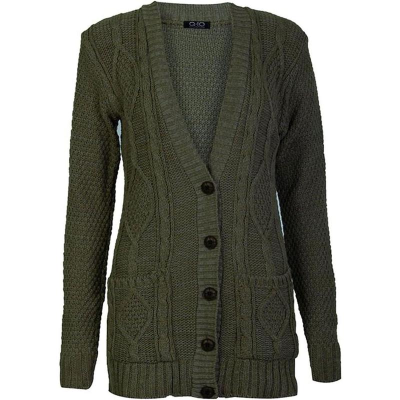 Womens Long Sleeve Chunky Cable Knitted Grandad Cardigan Girls Button Up Pocket Cardigan 3