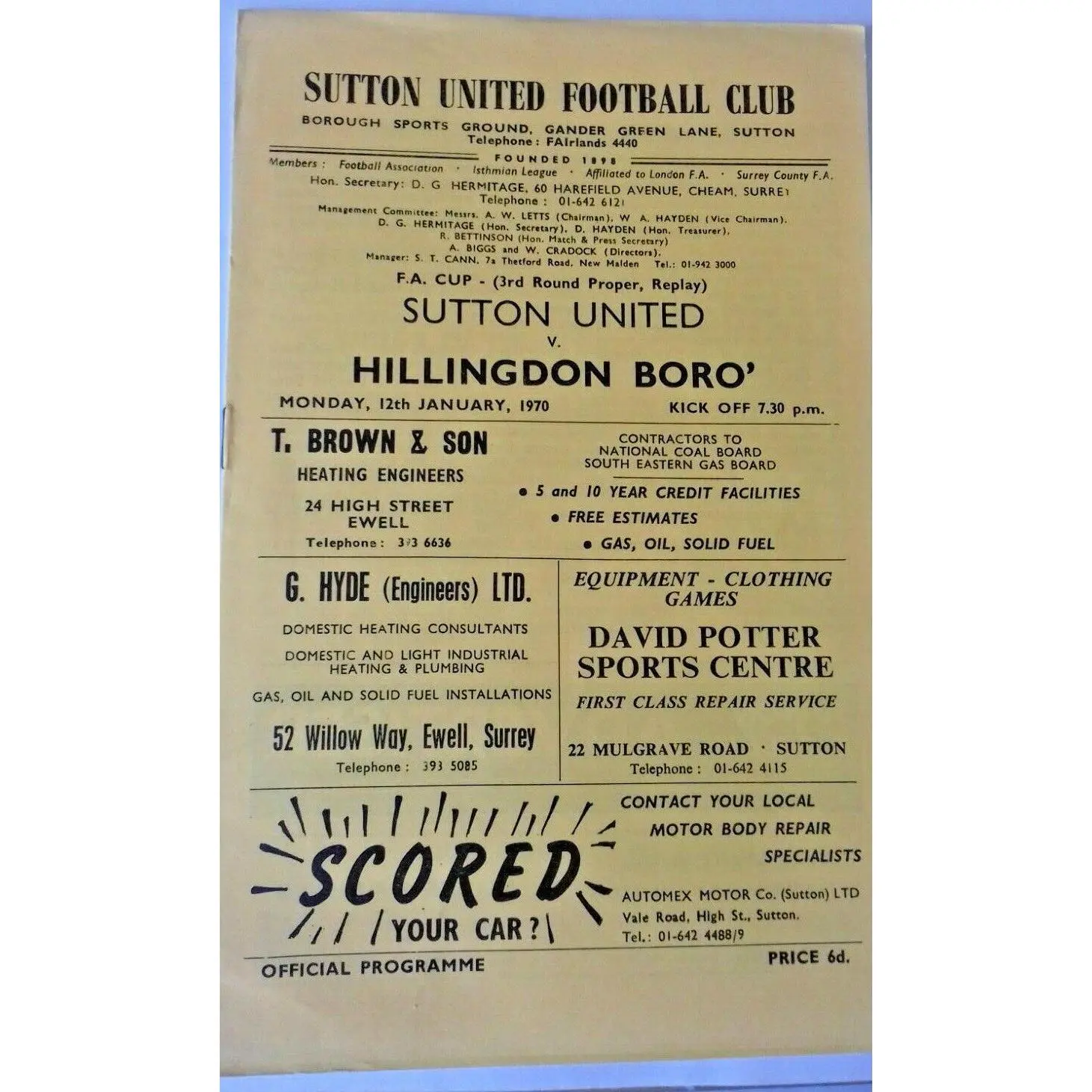 Sutton Utd v Hillingdon Boro Match Programme F.A. Cup 3rd Rnd. Replay 12/1/1970.