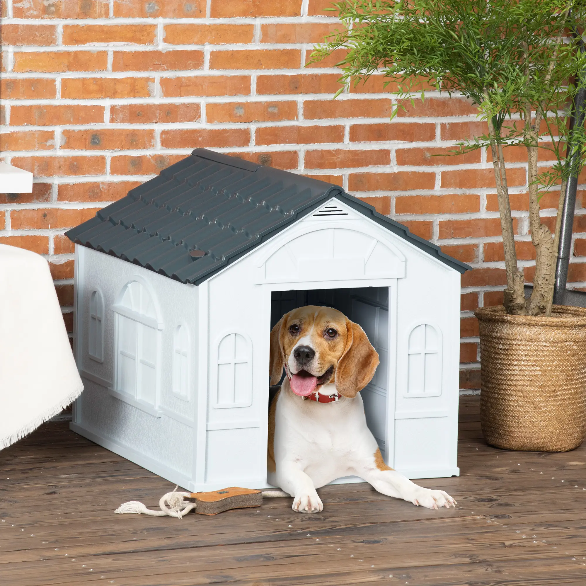 Grey Weatherproof Plastic Dog Kennel â€“ Small, 63H x 65L x 75.7W cm