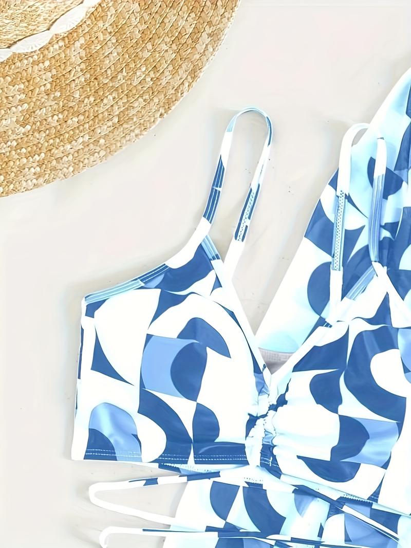 Product Introduction of Chic 3-Piece Swimsuit Set for Women - Vibrant Contrast Print, High-Waisted Ruched Bottoms & Long Sleeve Cover-Up for Beach Days 2