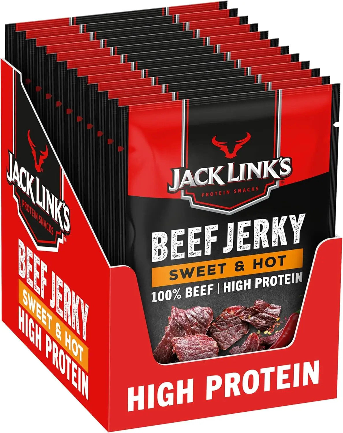 Jack Link's Beef Jerky, Sweet & Hot Flavor, Multipack of 12 x 25g Bags, High-Protein Meat Snack