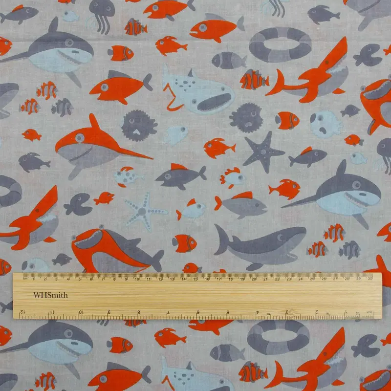 Screen Printed 100% Cotton Orange Whale Print On Grey Women Dress Fabric Design 643 1