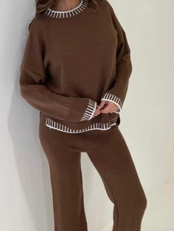 women's knitted lounge wear ladies wide leg palazzo top trouser tracksuit 4