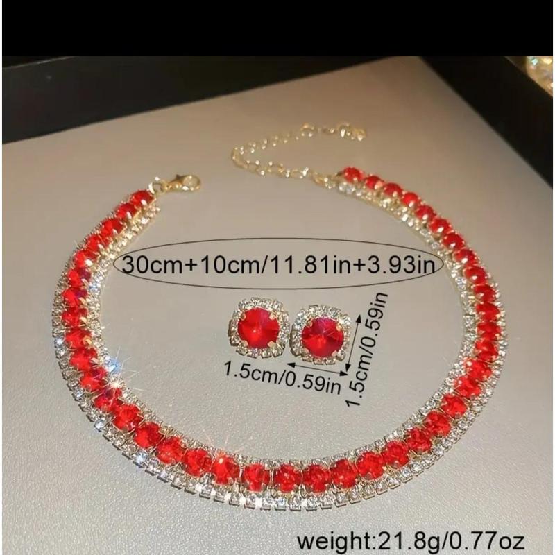 Full Round Shape Red Rhinestone Inlaid Stud Earrings & Bracelet Bling Bling Luxury Style Banquet Jewelry Set 2