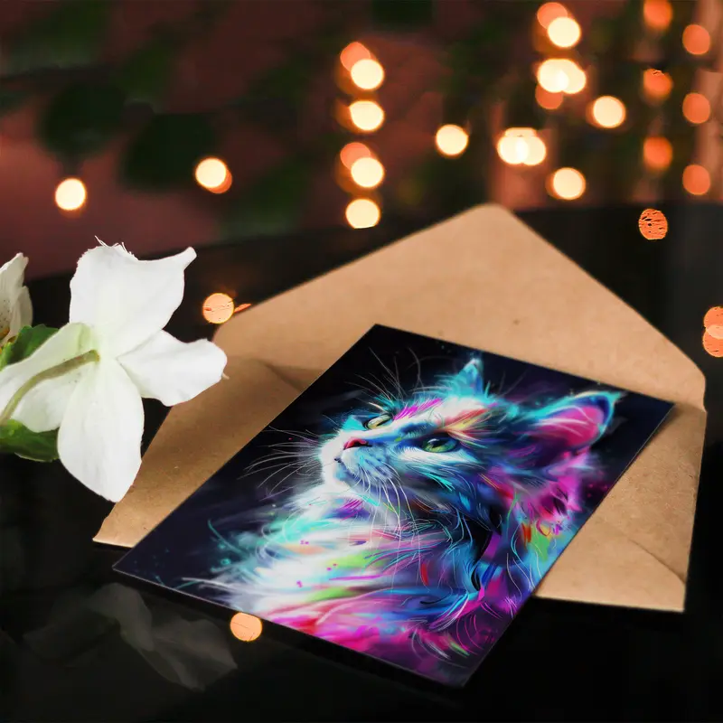 Birthday Card Colourful Neon Kitty Portrait Cat Lover Greeting Card 3