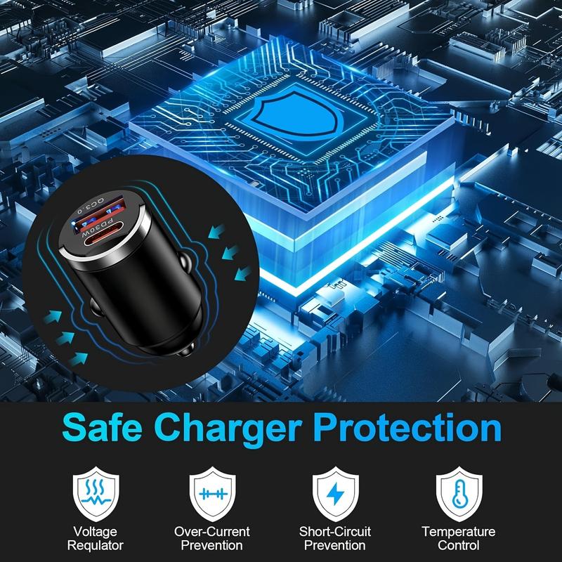 USB A + C dual port fast charging mini pull ring car charger, pd30w + qc3.0 type C car charger adapter, supports 5V 2.4A charging wide compatibility 4