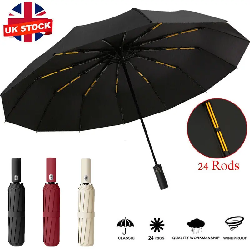 Extra Strength foldable 24 Rods Umbrella Fully Automatic Large UV Protect Rain 3
