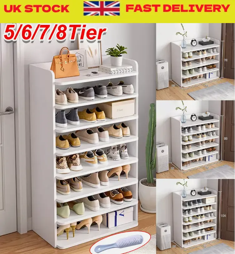 5-8 Tier White Wooden Hallway Shoe Rack Open Shelves Shoe Cabinet Storage Unit