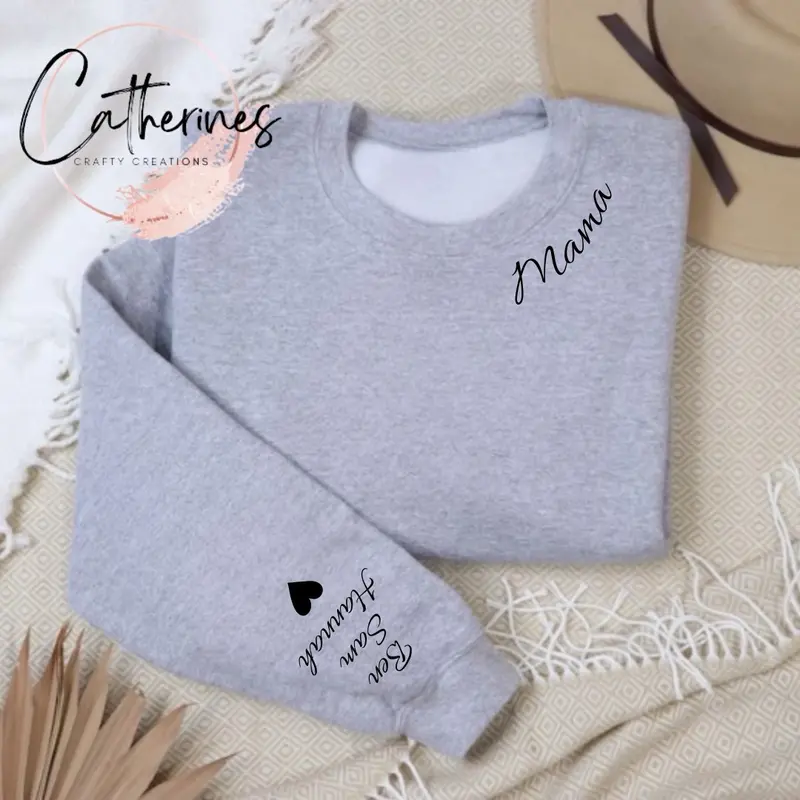 Personalised mama/mum/mummy jumper with children’s names on the sleeve Heart Soft Womenswear Day Hoodie Sweaters Tops, name around the neck 4