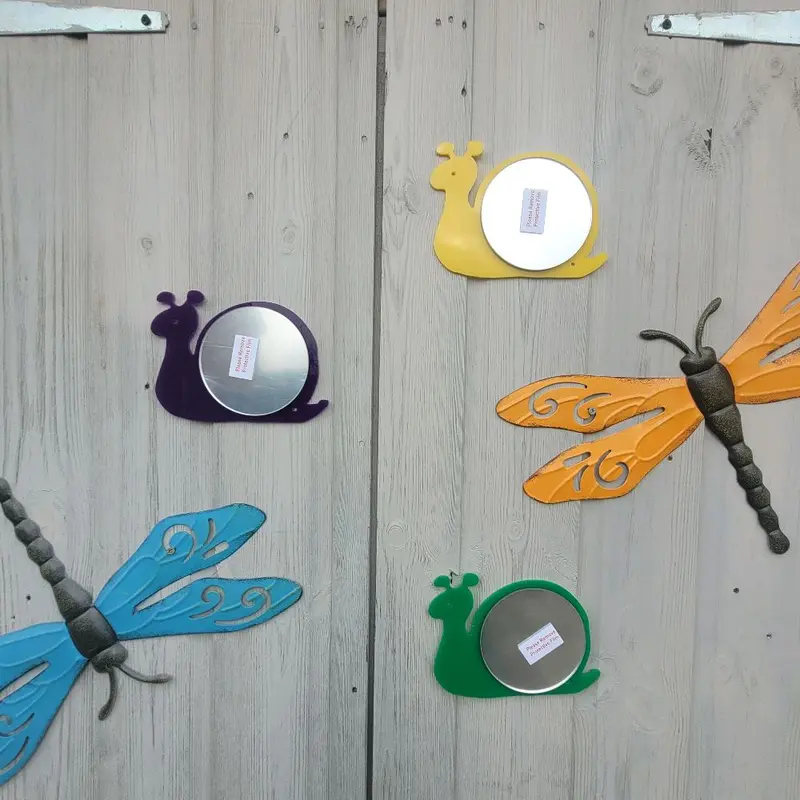 set of 5, acrylic snail mirrors, dragonfly ornaments NOT included. sensory garden 8