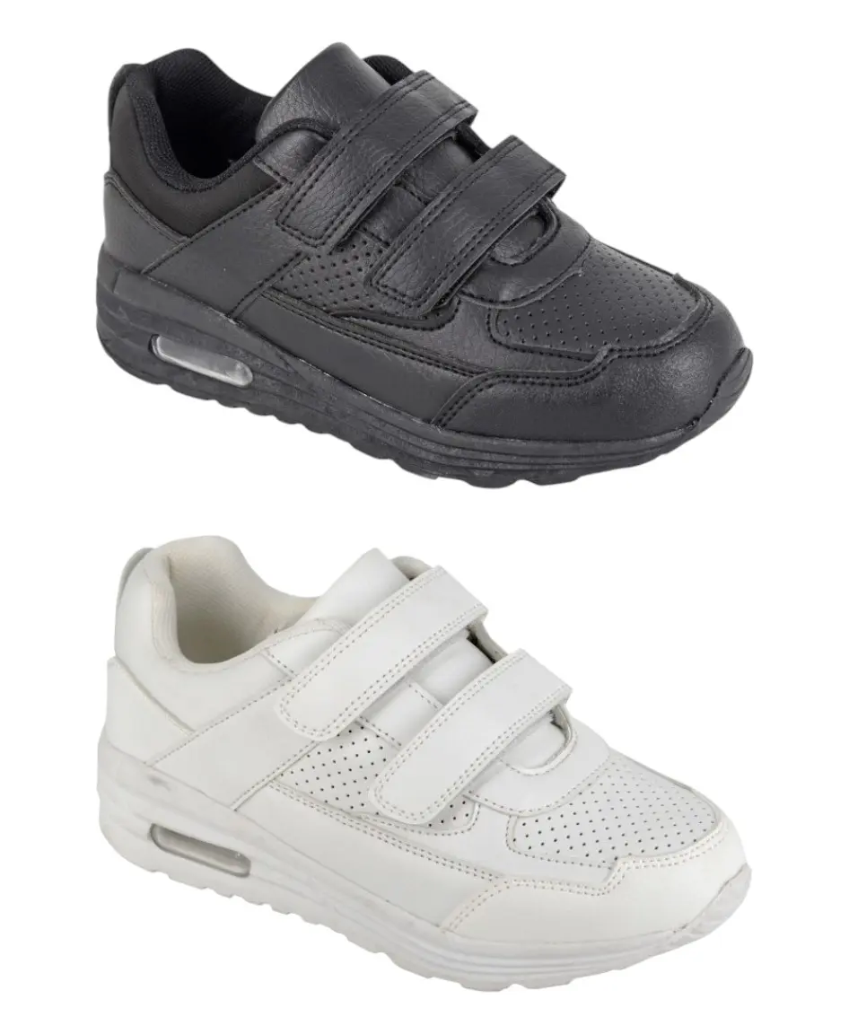 DEK Kids Casual Strap Up School Air Trainers Black White- Boys Girls Touch Fasten Sport Trainers with Rugged Sole PE Shoes