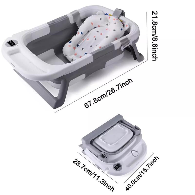 Foldable Baby Bath Tub Ergonomic with Temperature & Cushion Bath Pad + Bath Net 2