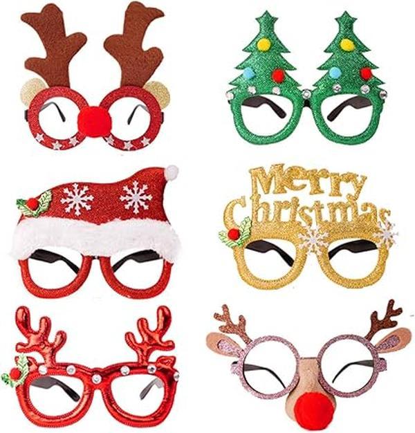 Christmas Glasses to Wear, 6 Pieces Christmas Glitter Party Glasses Fancy Dress Costume Decoration for Kids Adults Masks Pack 0