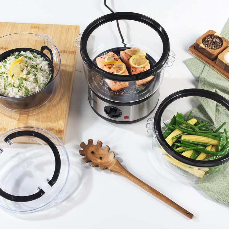 3 Tier Electric Food Steamer - 7.5L, Stackable Steaming Baskets, Dishwasher Safe, BPA Free Includes Rice Bowl, 60 Minute Timer, Compact Storage, Healthy Cooking Vegetables & Fish, 500W, EK2726 3