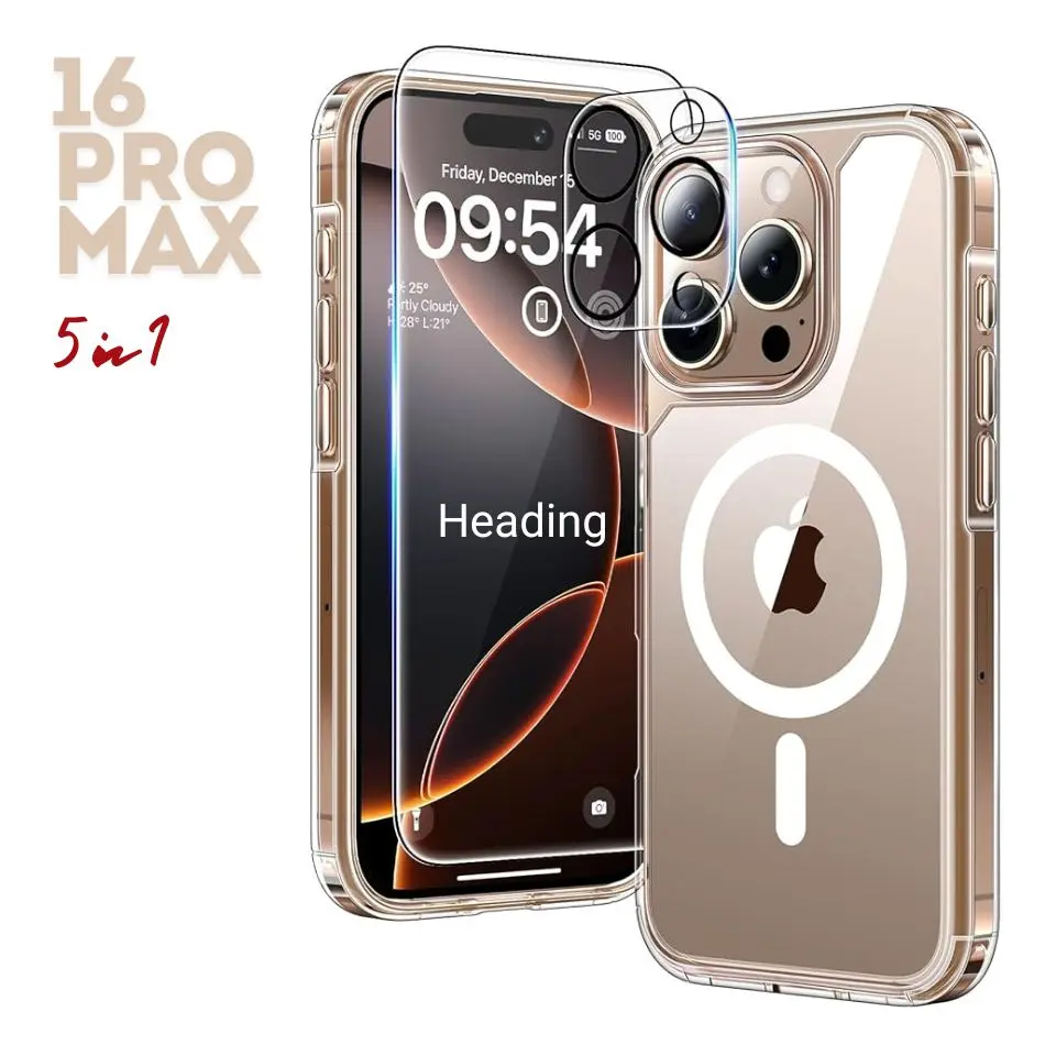 5 in 1 for iPhone 16 Pro Max Case, and 2X HD Screen Protector + 2X Camera Lens Protector, [Not-Yellowing] [Compatible with MagSafe] Shockproof Phone Case for iPhone 16 Pro Max - Magnetic Clear Crystal Accessories