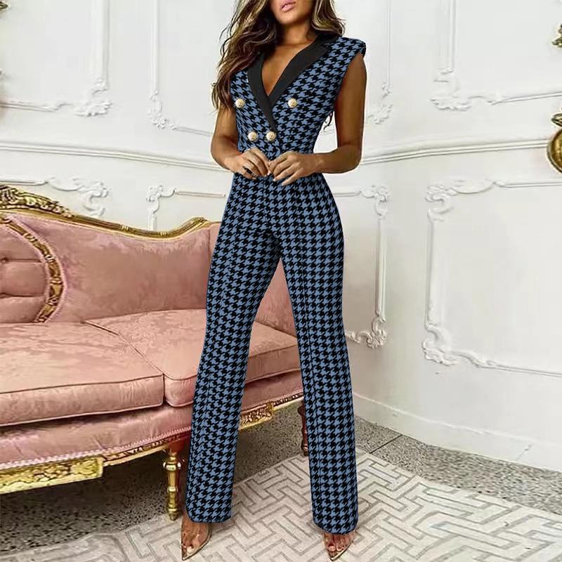 Product Introduction of 2024 New Elegant Women Plaid Jumpsuit Onepieces Y2K Chic Office Lady Summer Sleeveless V Neck High Waist Button Romper Overalls 6