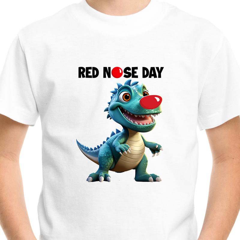 Red Nose Dinosaur T-shirt Dino School Children Kids Boys Girls Unisex Tee Top tshirt White Printed Regular 6