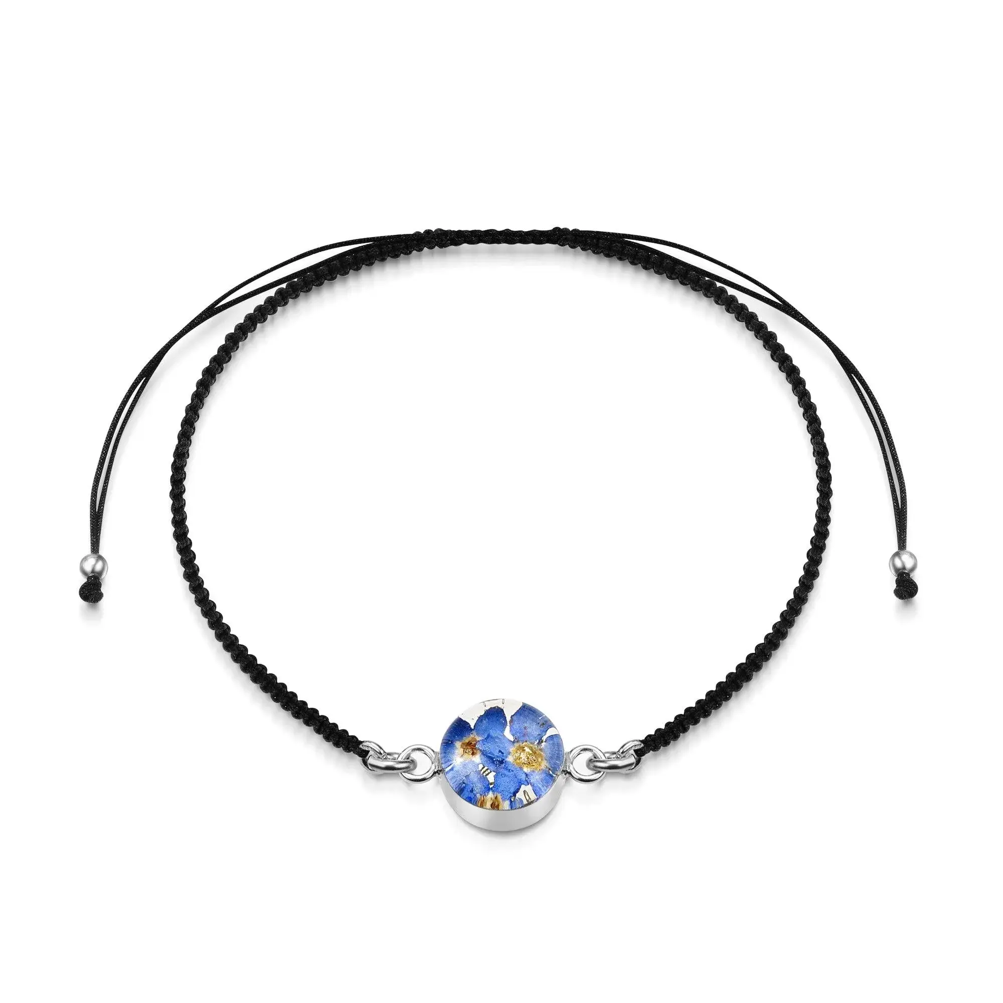 Sterling Silver black woven bracelet with flower charm - Forget-me-not - Round