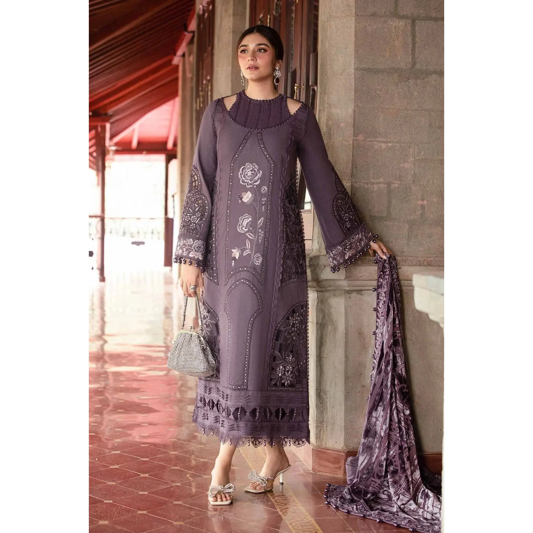 Maria B Inspired | Embroidered Raw Silk Readymade  | AL471 (Purple)