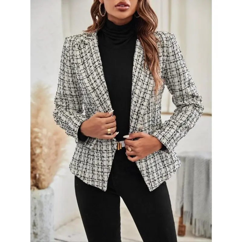 Women's Plaid Print Double Button Lapel Blazer, Casual Long Sleeve Outerwear for Fall & Winter, Ladies Clothes for Work Office Business 7