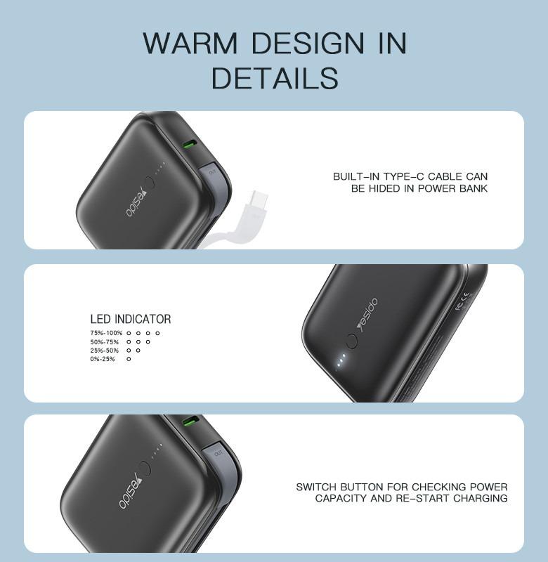 YESIDO YP18 22.5W Mini PD 20W LED Fast Charging 10000mAh Power Bank for Phone Accessories Cable Compact Portable Smartphone Devices Charger Chargeable 4