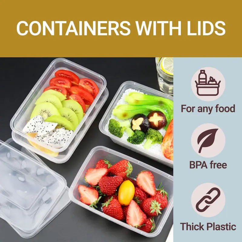 HOMESHOPA 650ML  Microwave Food Containers 25 or 50Clear Plastic Tubs with Lids Safe Takeaway Quality Kitchen Rectangular Utensils clear  takeaway Disposable 2