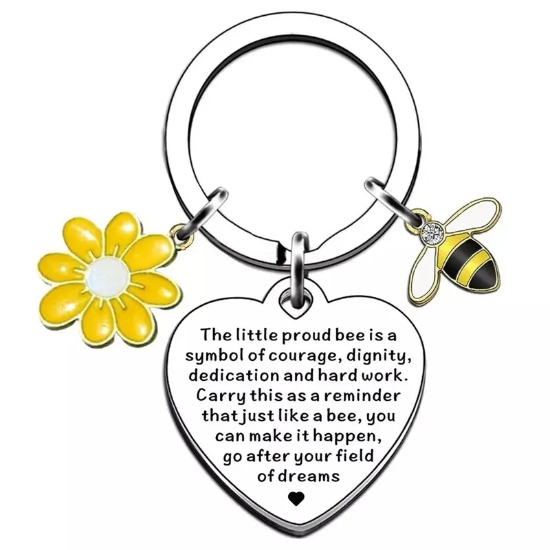 BEE HAPPY Keyring for Women. Engraved Double Sided. Perfect Heart Gift. 0