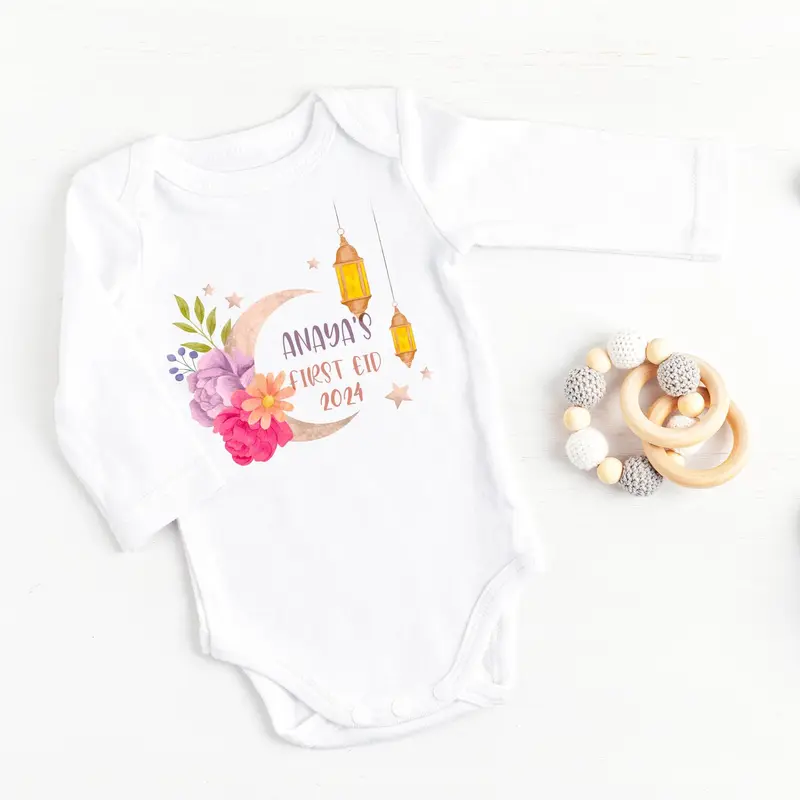 Personalised Baby Grow Vest, First Eid Ramadan 2025, My 1st Ramadan Outfit, Girls Pink Flower Lanterns, New Baby Eid Gift, Eid Mubarak 2