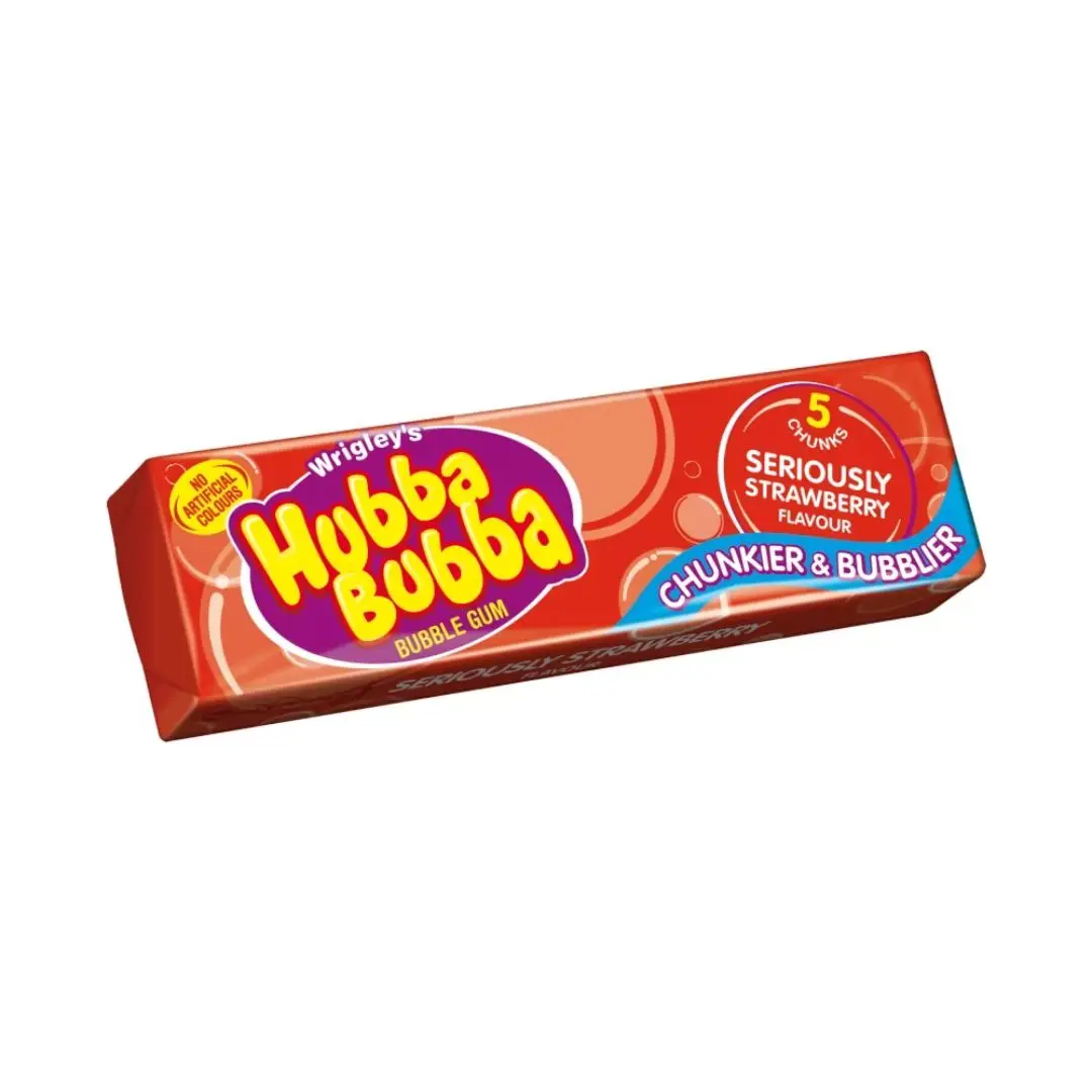Hubba Bubba Seriously Strawberry Flavour Bubble Gum Chunky Chews glass