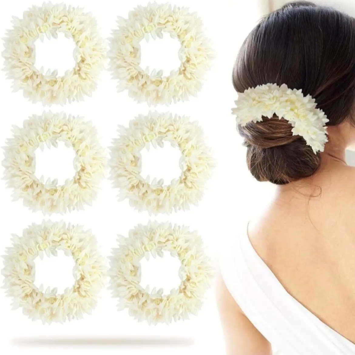 Premium Scented Mogra Gajra For Women & Girls - Hair Flower Bun Artificial Fake Gajra Scrunchies Rubber Band, Hair Accessories for Girls, White