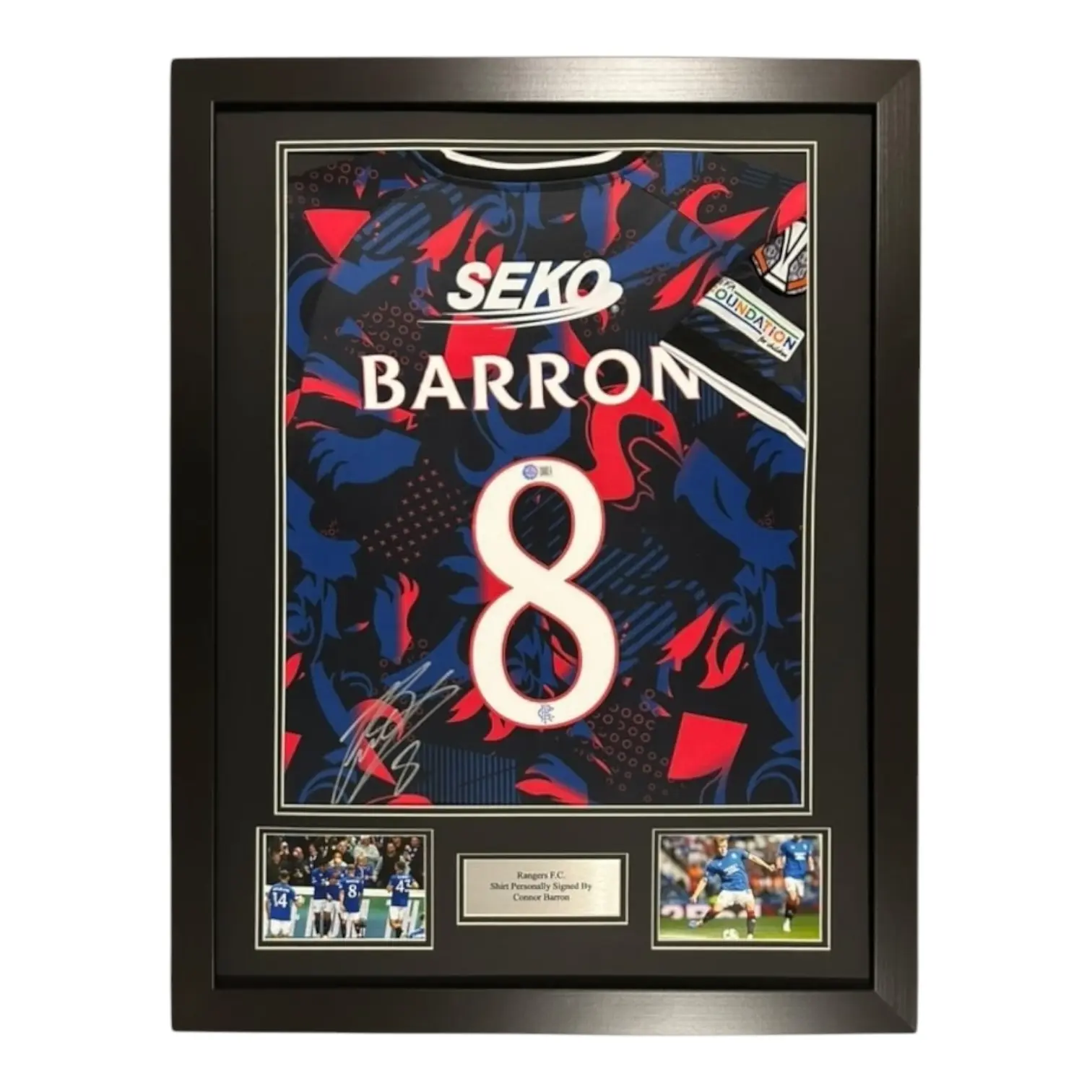 Connor Barron Signed Shirt Framed with COA, Exact Video Proof & AFTAL Authenticated – Rangers 23/24 Europa Away