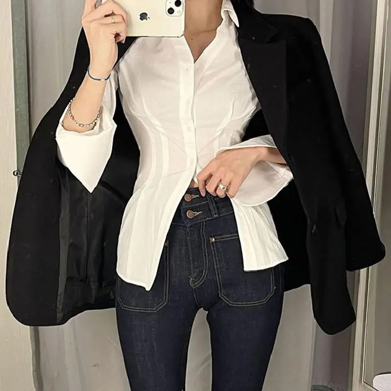 MEXZT Y2K Women Slim Blouses Office Lady Fashion Long Sleeve Folds Chic Shirt Vintage Streetwear Korean Sexy Skinny Casual Tops 5