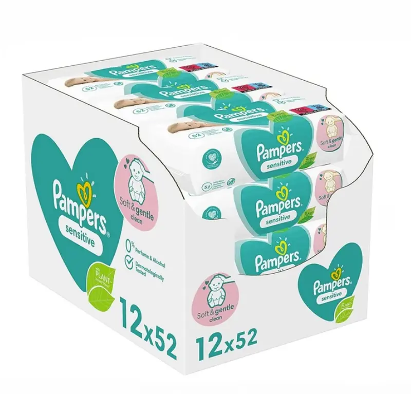 Pampers Sensitive Baby Wipes Pack of 12 x 52 Soft & Gentle Clean 0