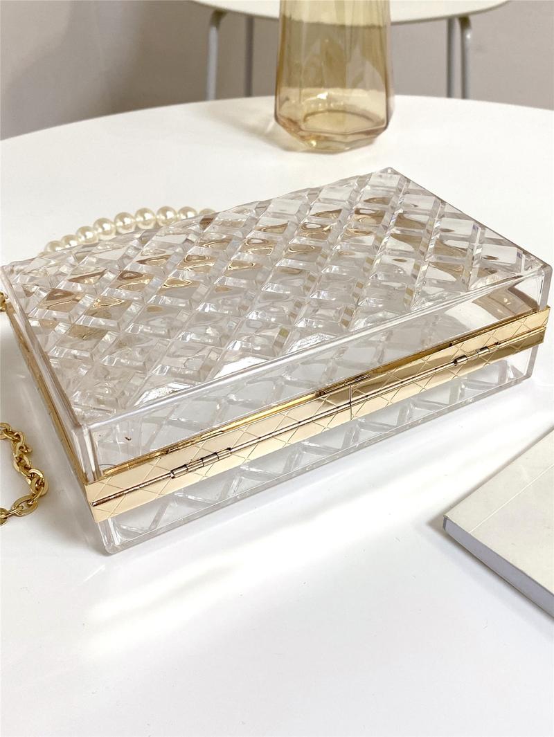 Product Introduction of NEW Pearl Handle Acrylic Mini Box Bag, Transparent Rhombus Clasp Pouch, Fashion Women's Evening Clutch Party Box Bag {Popular Gifts} 12