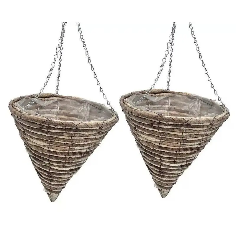 2 Cone Rope Hanging Baskets 12” – Outdoor Planters with Liner & Chains – Weather Resistant Flower Pots for Garden Plants & Flowers 0