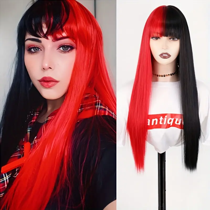 Woven Wigs Women's High Temperature Fiber 100% Straight Hair Cosplay Wig with Air Bangs, Buckle Net Cap, Full Head Coverage, Party Festival Daily Wear 4