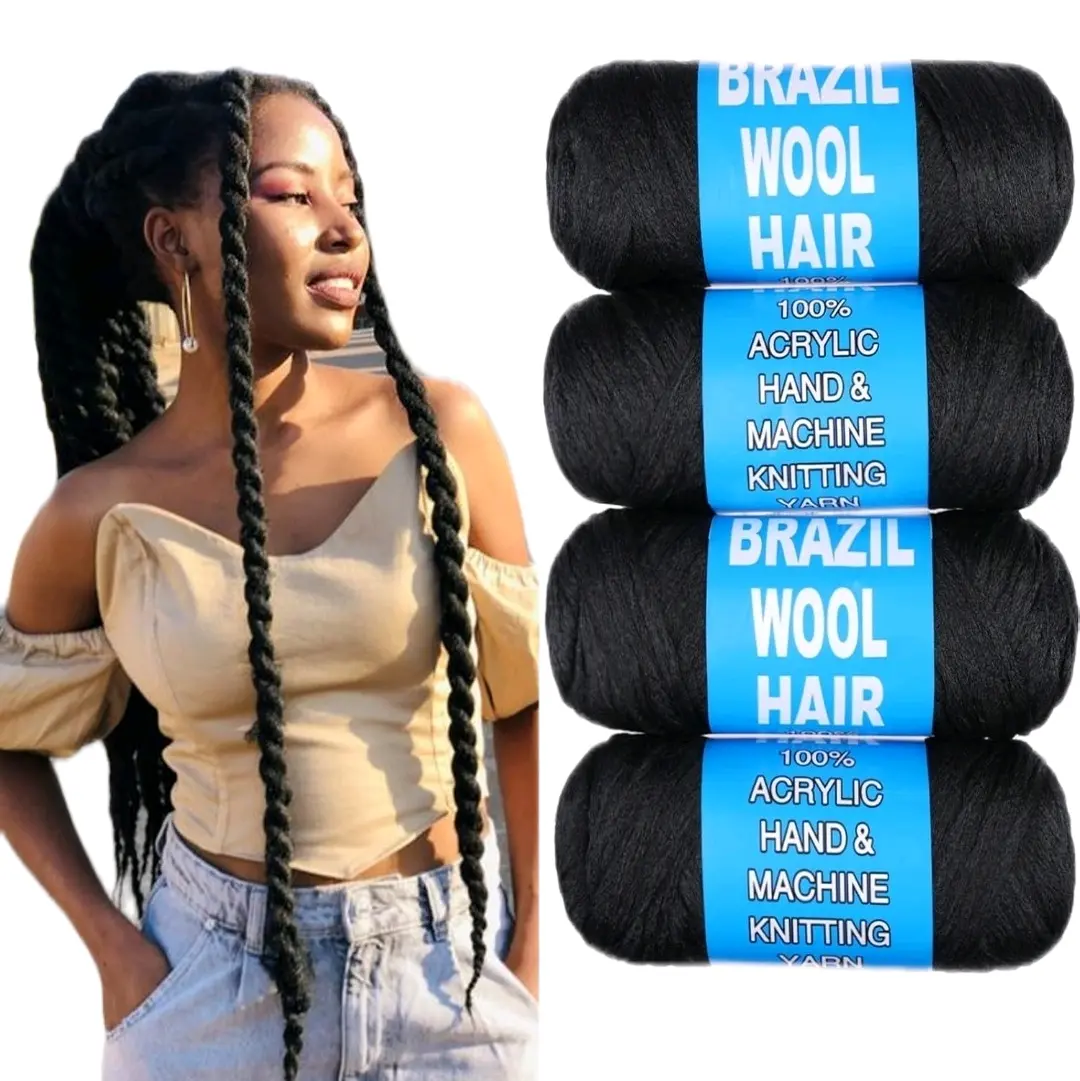 4 Roll Natural Black Brazilian Wool Hair for Braiding Hair Acrylic Yarn Crochet Box Braids Senegalese Twist Jumbo Braids Faux Locs Crochet Hair for Women Synthetic Braiding Hair Extensions
