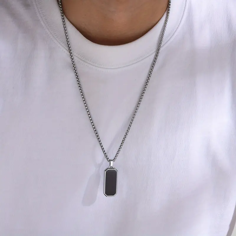 1pc Elegant Men's Stainless Steel Necklace with Sleek Black Enamel Geometric Pendant - Durable 201 Stainless Steel, Ideal Personal Gift for Him 5