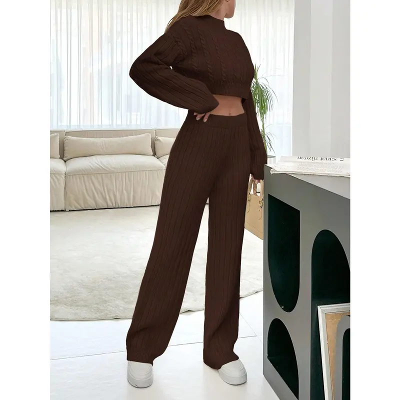 2pcs Women Solid Color Stand Collar Long Sleeve Sweater Top And Long Pants Casual Knitwear Set Clothing Fit Womenswear Suits Fabric Comfort Basic Minimalist 6