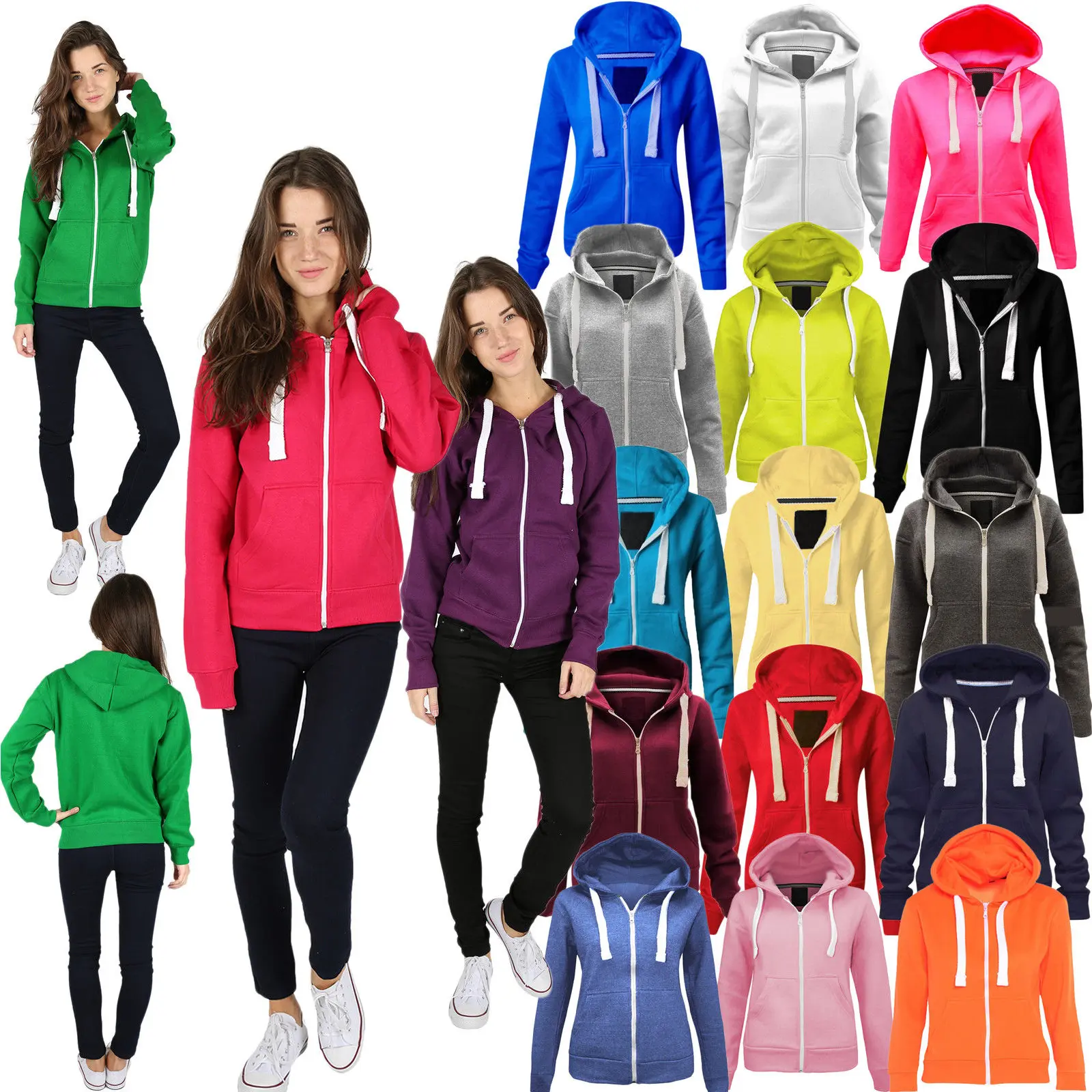 Women Fleece PLAIN ZIP UP HOODIE Plus Sizes Zipper Sweatshirt Jacket Medium to 5XL