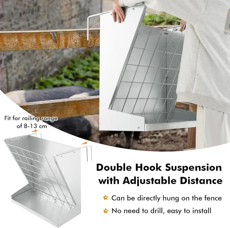 COSTWAY - Livestock Hay Rack, Large Capacity Hay & Grain Feeder with Food Saving Grid, Double Adjustable Hooks, Wall-Mounted Metal Forage Rack for Goats, Sheep, Horses, Rabbits 3