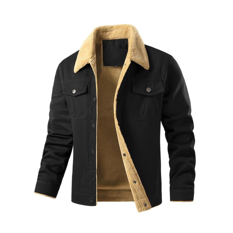 Men's Fashion Trendy Cotton Fleece-Lined Jacket, Casual Workwear Outerwear with Sherpa Collar, Button-Up, Multiple Pockets Menswear Coats Tops Underwear Long Sleeve Beige Human Tights Plain Longsleeves Collared 1