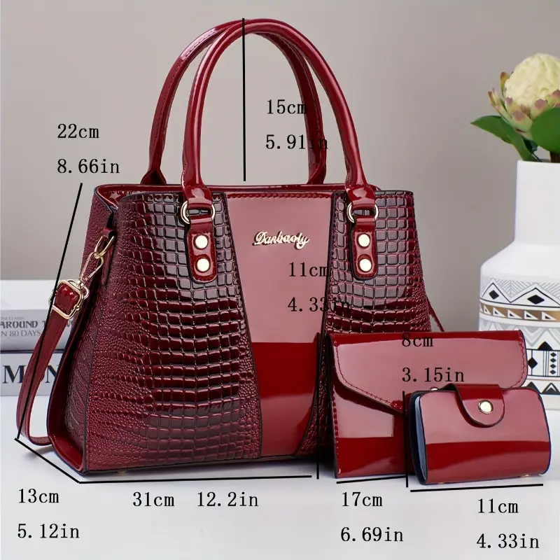 3pcs Elegant Faux Leather Satchel with Crocodile Pattern, Sequined, Spacious Multi-Functional Bag, Lightweight Fashion Handbag with Zip Closure and Fixed Shoulder Straps, with Spandex Lining for Women 3