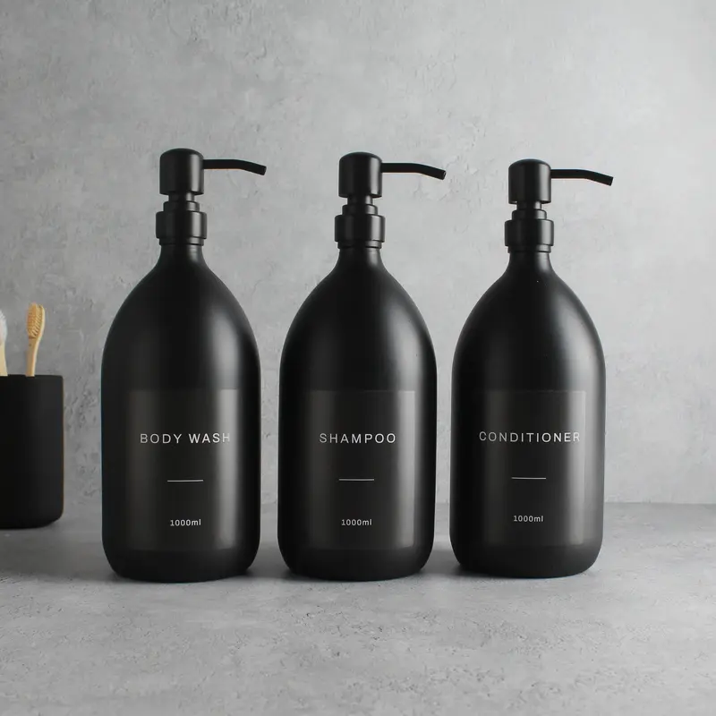 Body Wash, Shampoo & Conditioner Matte Black Glass Set Labelled Bottle Lotion Pump Dispenser for Bathroom 2