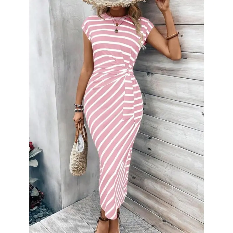 Women's Striped Print Knot Batwing Sleeve Dress, Dress in Club for Women, Summer Dresses 2024, Long Black Ladies Fancy Dress, Sundress Maxi Dress, Ladies Muscle Mommy Coming Home Outfit, Girls Birthday Gift, Party Dresses， Tall Clothing Women 4