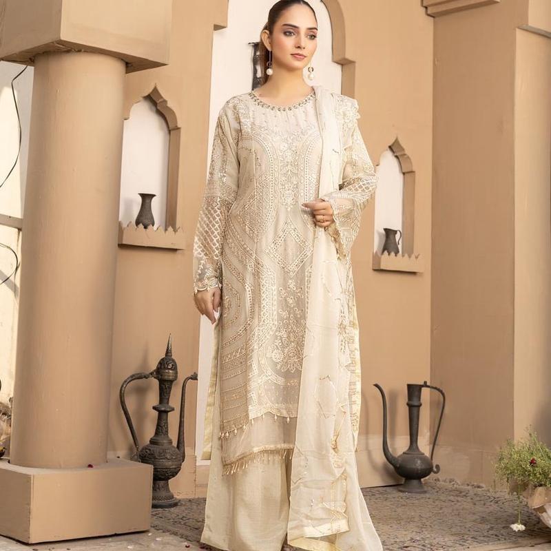 3pc Maria B Inspired Chiffon dress With Plazzo  - Beautiful Party Dress -Formal Wear 0